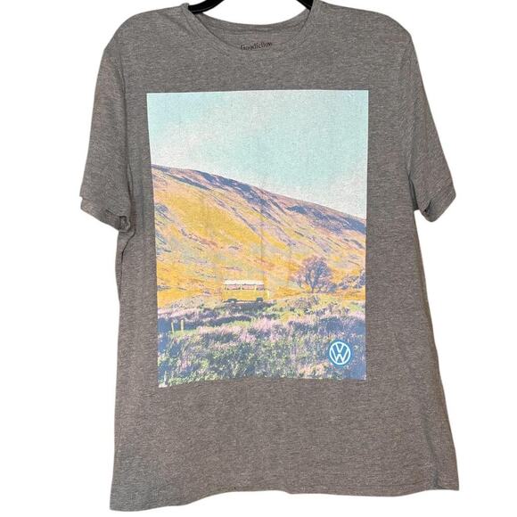 Grey Volkswagon Graphic Tee with Mini Van Driving Traveling Mountains - Picture 1 of 4